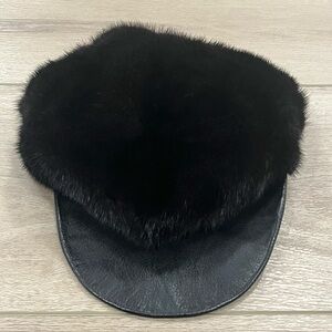 Vintage Mitchie's Matchings Leather Mink Fur Trim Hat Cap